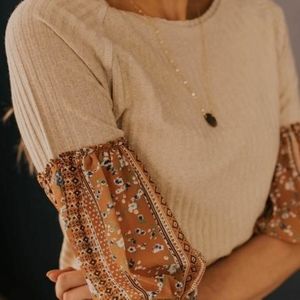 Roolee Cream and Brown Floral Sleeve Top